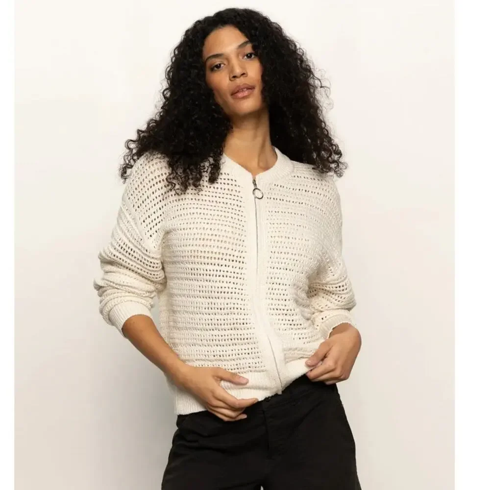 NWT Sanctuary Open Knit Bomber Jacket Cardigan Zip Up Cream M
